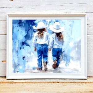 Little Cowgirls Western Art Print: Blue Nursery Decor (Digital Download)