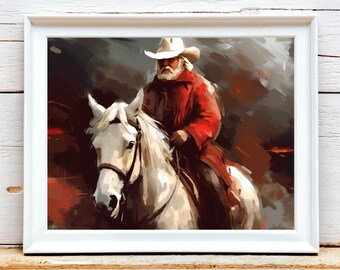 Impresión artística de Papá Noel vaquero: pintura retro del oeste (descarga digital)