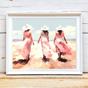 Coastal Cowgirl Print: Pink Beach, Retro Western Art (Digital Download)