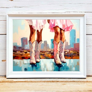 TRENDY Printable Wall Art, Retro Western Print, Cowgirl Decor, Dorm Room Painting, Blue Pink Cowgirl Painting