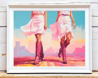 May include: Two figures in pink dresses and bright pink cowboy boots walk across a desert landscape with a blue sky and pink and orange clouds.
