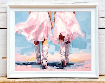 May include: Two people wearing pink dresses and white cowboy boots walk away from the viewer. The background is a light blue sky with a pink and yellow horizon.