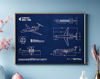 Embraer ERJ-135 Blueprint Poster Horizontal | Aviation Wall Art