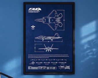 Lockheed Martin F-22 Raptor Blueprint Poster Vertical | Aviation Wall Art