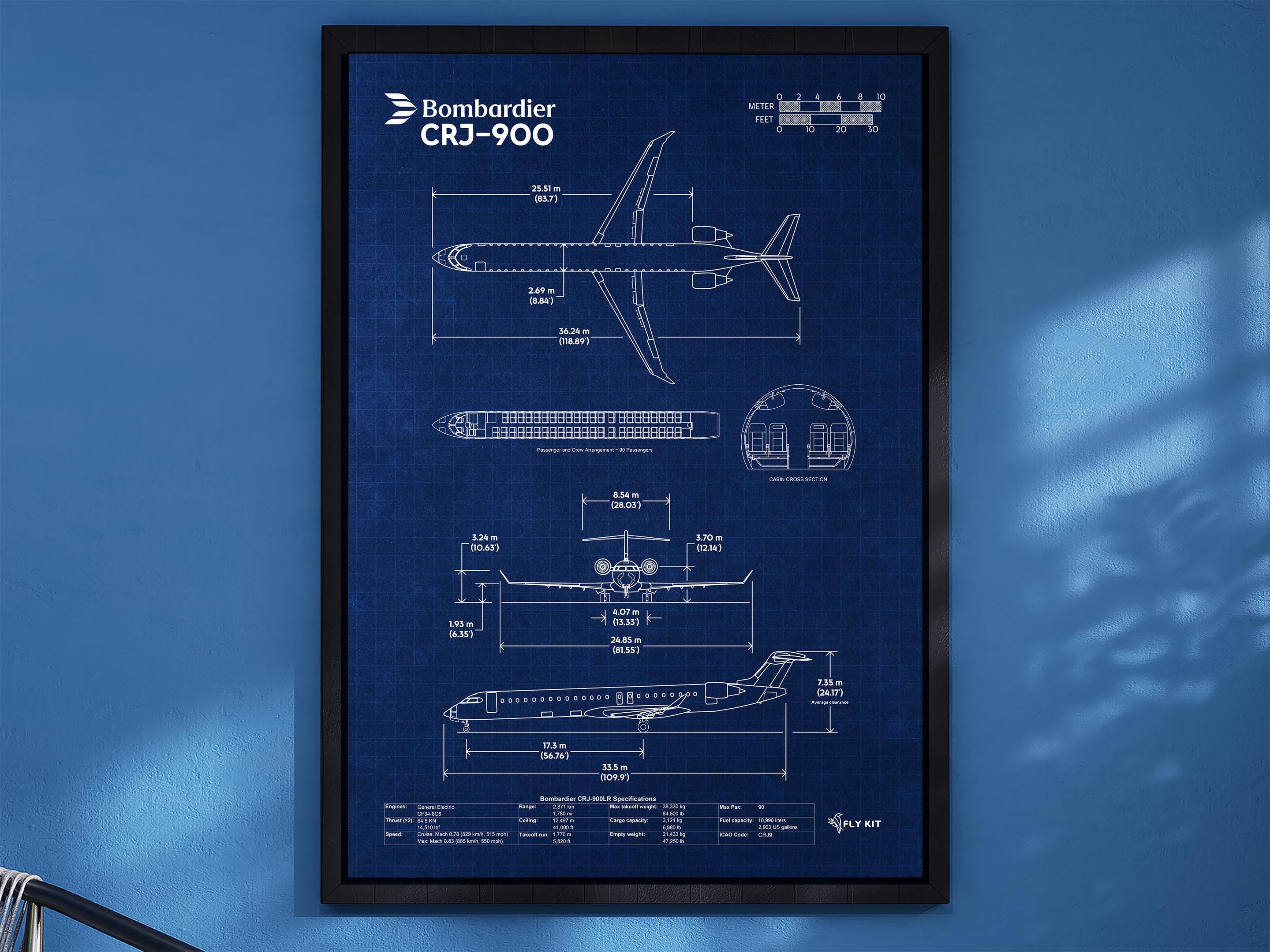 Bombardier CRJ-900 (mitsubishi) Blueprint Poster Vertical