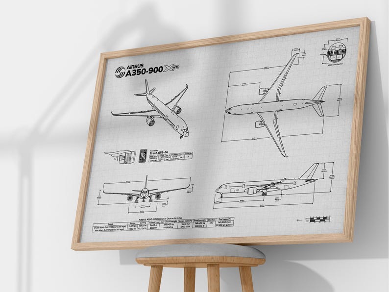 Airbus A350-900 Blueprint Poster Horizontal | Aviation Wall Art - Etsy