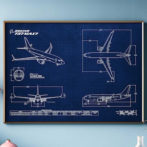 May include: A blueprint style illustration of a Boeing 737 MAX 7 aeroplane on a dark blue background. The illustration includes side, top, and front views of the aircraft with dimensions labelled in inches.