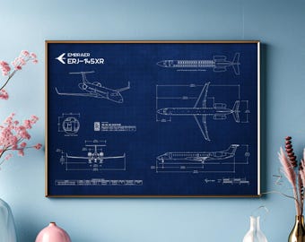 Embraer ERJ-145XR Blueprint Poster Horizontal | Aviation Wall Art