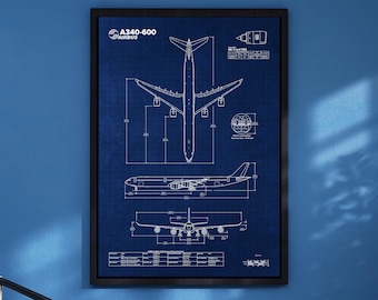 Airbus A340-600 Blueprint Poster Vertical | Aviation Wall Art