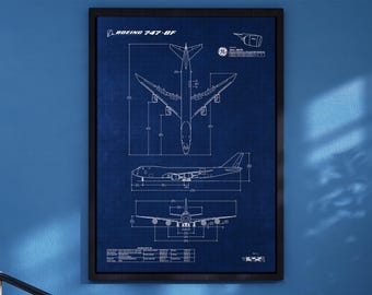 Boeing B747-8F Blueprint Poster Vertical | Aviation Wall Art