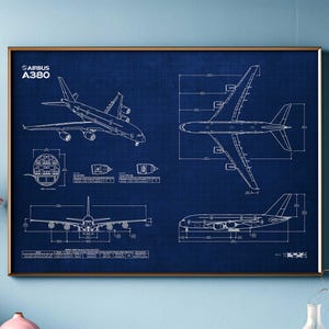 Airbus A380 Blueprint orizzontale / Arte murale di alta qualità / Regalo per l'aviazione / Decorazione per la casa dei piloti / 5 colori