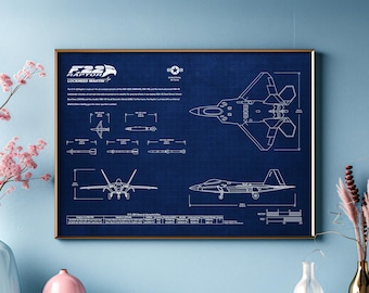 Lockheed Martin F-22 Raptor Blueprint Poster Horizontal | Aviation Wall Art