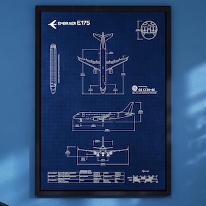Póster vertical con el plano del Embraer E175 / Arte mural de aviación