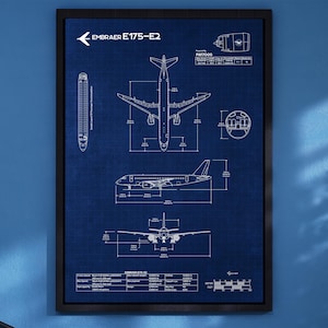 Plakat z planem samolotu Embraer E175-E2 (ERJ-175 E2) w pionie | Plakat premium | Grafika ścienna lotnicza | Prezent dla pilota