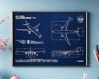 Airbus A350-900 Blueprint Poster Horizontal | Aviation Wall Art
