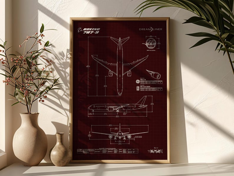 Poster vertical du plan Boeing B787-9 | Art mural aviation - Etsy France