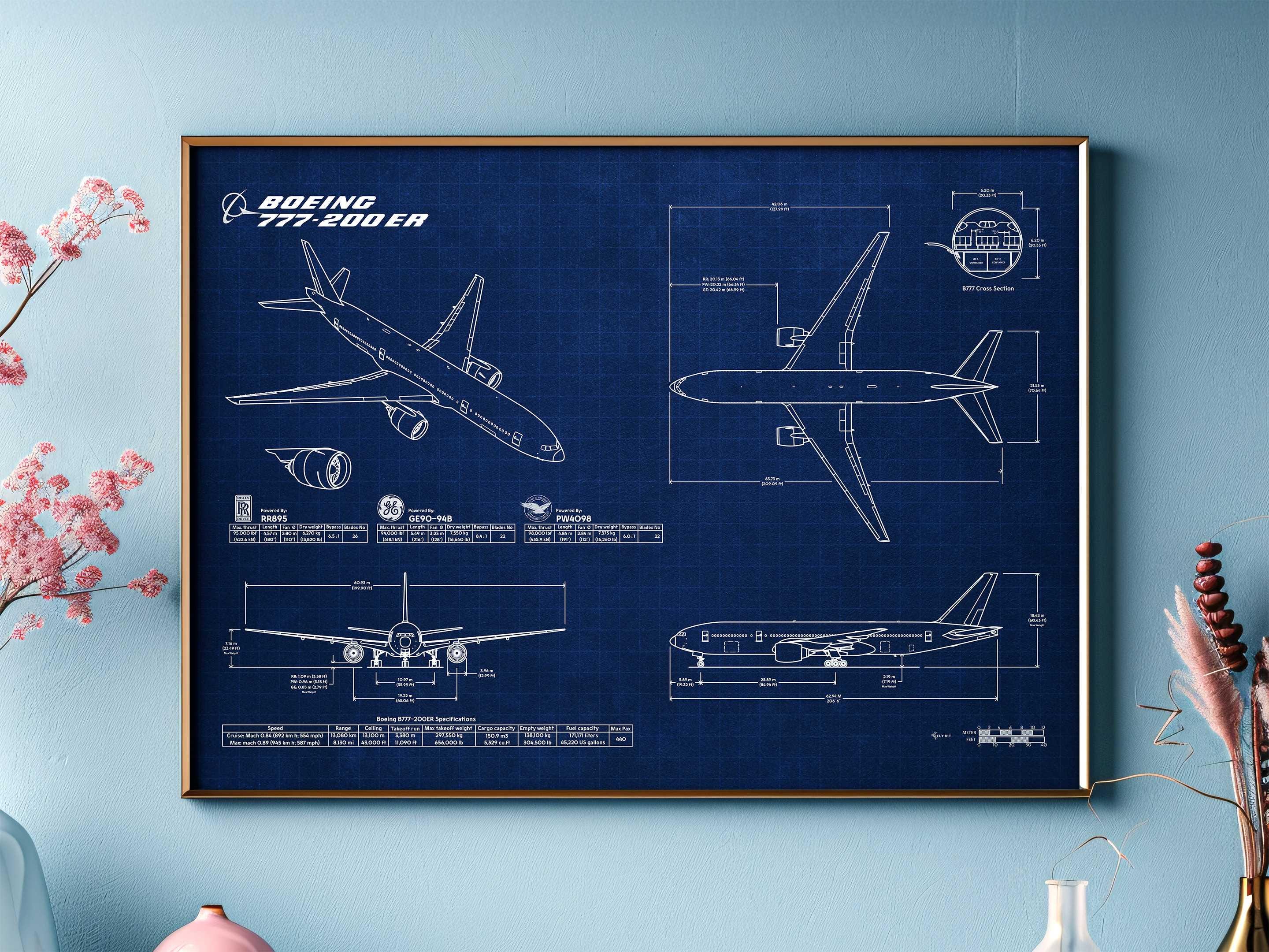 Boeing B777-200ER Blueprint Poster Horizontal | Aviation Wall Art