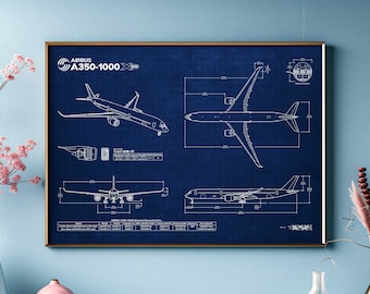 Airbus A350-1000 Blueprint Poster Horizontal | Aviation Wall Art