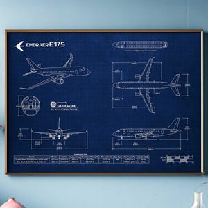 Puede incluir: Una ilustración de estilo plano de un avión Embraer E175, en azul y blanco. La ilustración incluye las dimensiones, las especificaciones y una vista lateral del avión. El texto "EMBRAER E175" está en la parte superior de la ilustración.