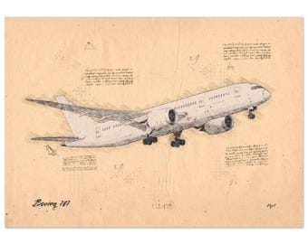 Boeing B787 Dreamliner Vintage Sketch Art Print | Aviation Wall Art