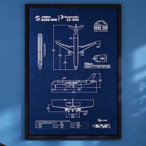 Airbus A220-300 (Bombardier CS300) Blueprint Poster Vertical | Aviation Wall Art