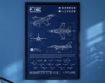 Lockheed Martin F-16C (General Dynamics) Blueprint Poster Vertical | Aviation Wall Art