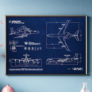 May include: Framed blueprint of a Boeing E-3 Sentry aircraft, with detailed technical drawings in white on a dark blue background. The print shows multiple views and specifications, with the Boeing logo at the top.
