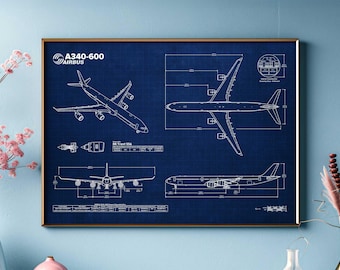 May include: A blueprint style illustration of an Airbus A340-600 airplane on a dark blue background. The illustration includes a top view, side view, and a close-up of the engine.