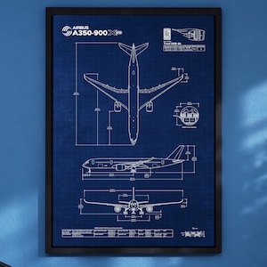 &quot;Airbus A350-900 Blueprint Poster &quot;&quot;Vertik&quot;&quot; |.&quot; Premium Poster | Luftfahrt Wandkunst | Pilot Geschenk