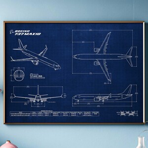 May include: A blueprint style illustration of a Boeing 737 MAX 10 aircraft on a dark blue background. The illustration includes side and top views of the aircraft, along with technical specifications and measurements.