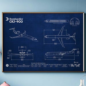 May include: A blue and white blueprint style illustration of a Bombardier CRJ-900 aircraft. The illustration includes side, top, and front views of the aircraft with measurements in feet. The text "Bombardier CRJ-900LR Specifications" is included at the bottom of the illustration.