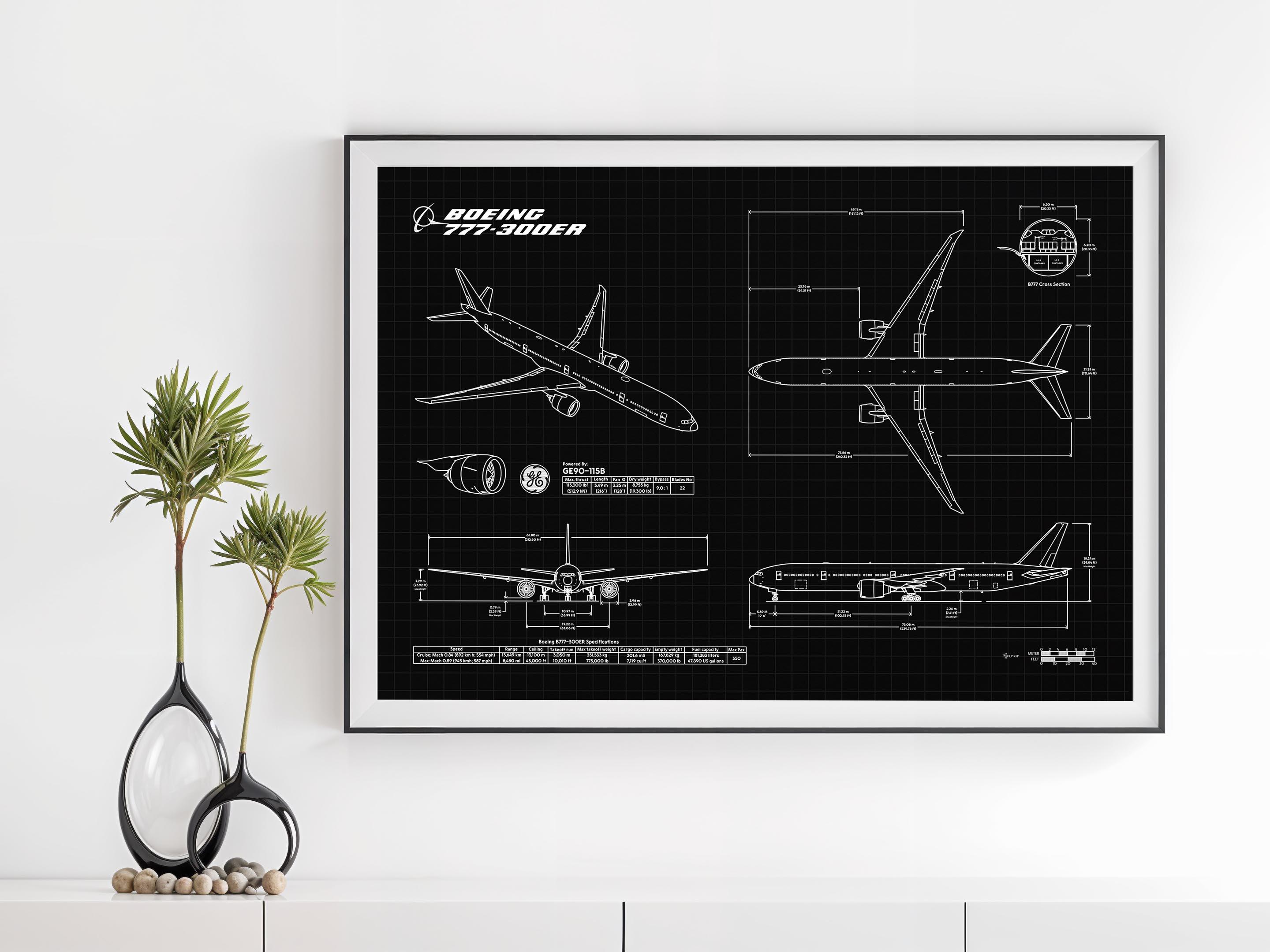 Boeing B777-300ER Blueprint Poster Horizontal | Aviation Wall Art