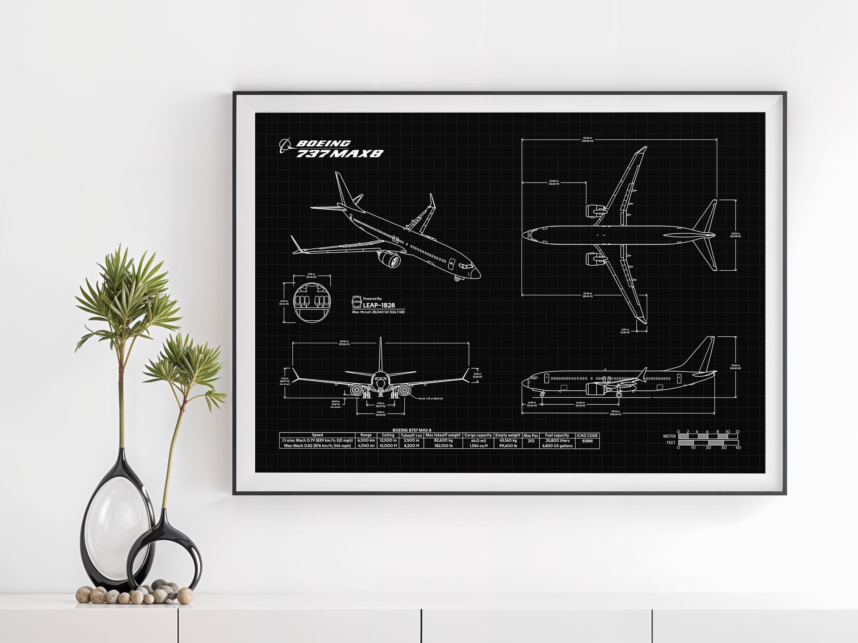 Boeing B737 MAX 8 Blueprint Poster Horizontal | Aviation Wall Art