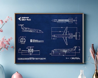 Embraer ERJ-140 Blueprint Poster Horizontal | Aviation Wall Art