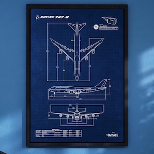 Plakat z planem Boeinga B747-8 w pionie | Sztuka ścienna lotnicza