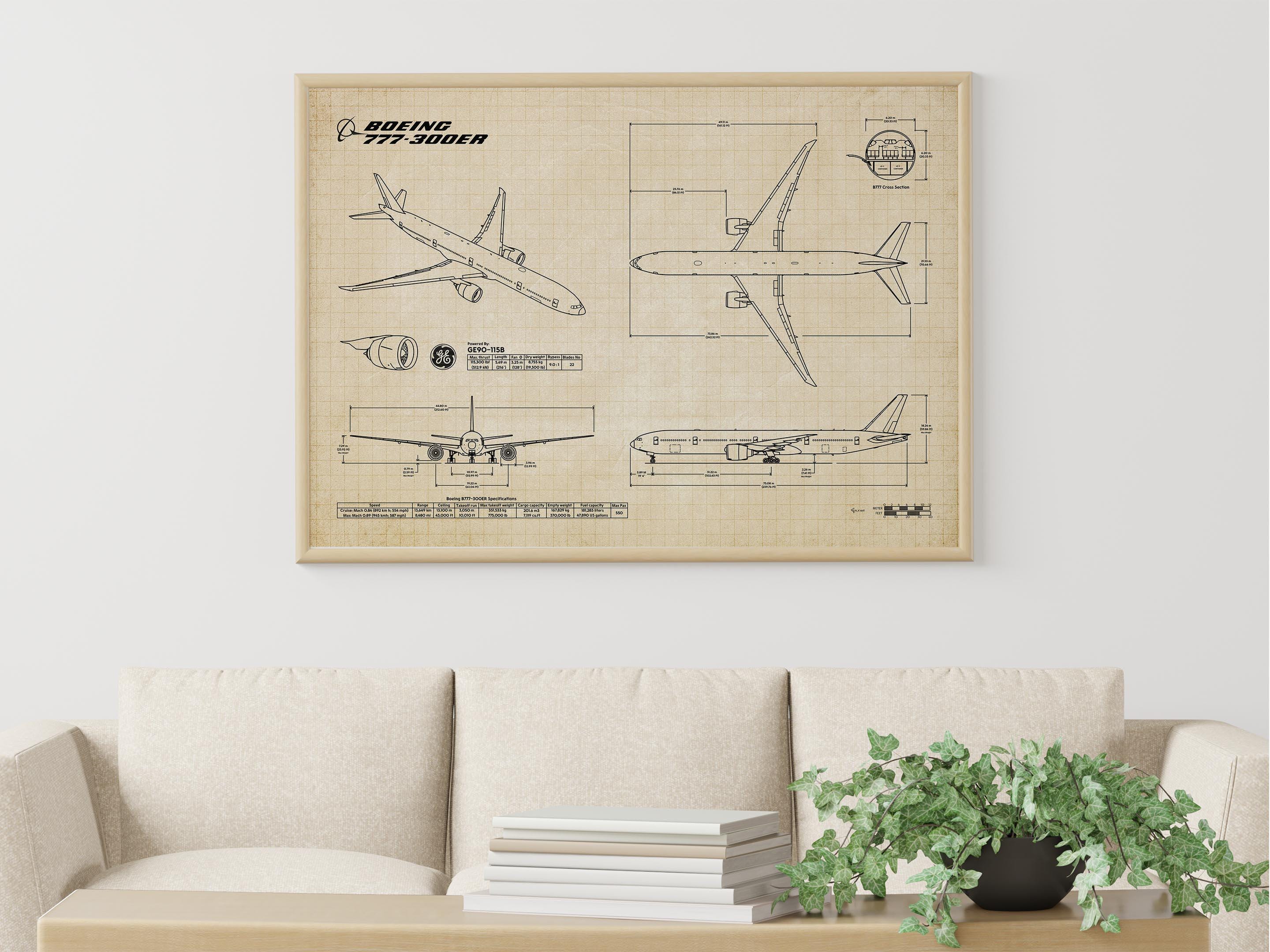 Boeing B777-300ER Blueprint Poster Horizontal | Aviation Wall Art
