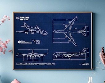 Boeing B747-8 Blueprint Poster Horizontal | Aviation Wall Art