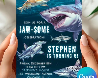Shark Birthday Invitation:Jawsome Jaws Theme Party, Ocean Invite, Canva Editable Printable Digital Download