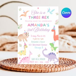 Pastel Dinosaur Birthday Invitation Girl Three Rex Party Editable Invite Cute Dino Pink Template Printable Three Rex Girl Stomp Roar