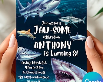 Editable Shark Party Invite Shark Invites Shark Theme Birthday Invitation Jaws Theme Birthday Party Invites Ocean Theme Invite 5x7 Canva