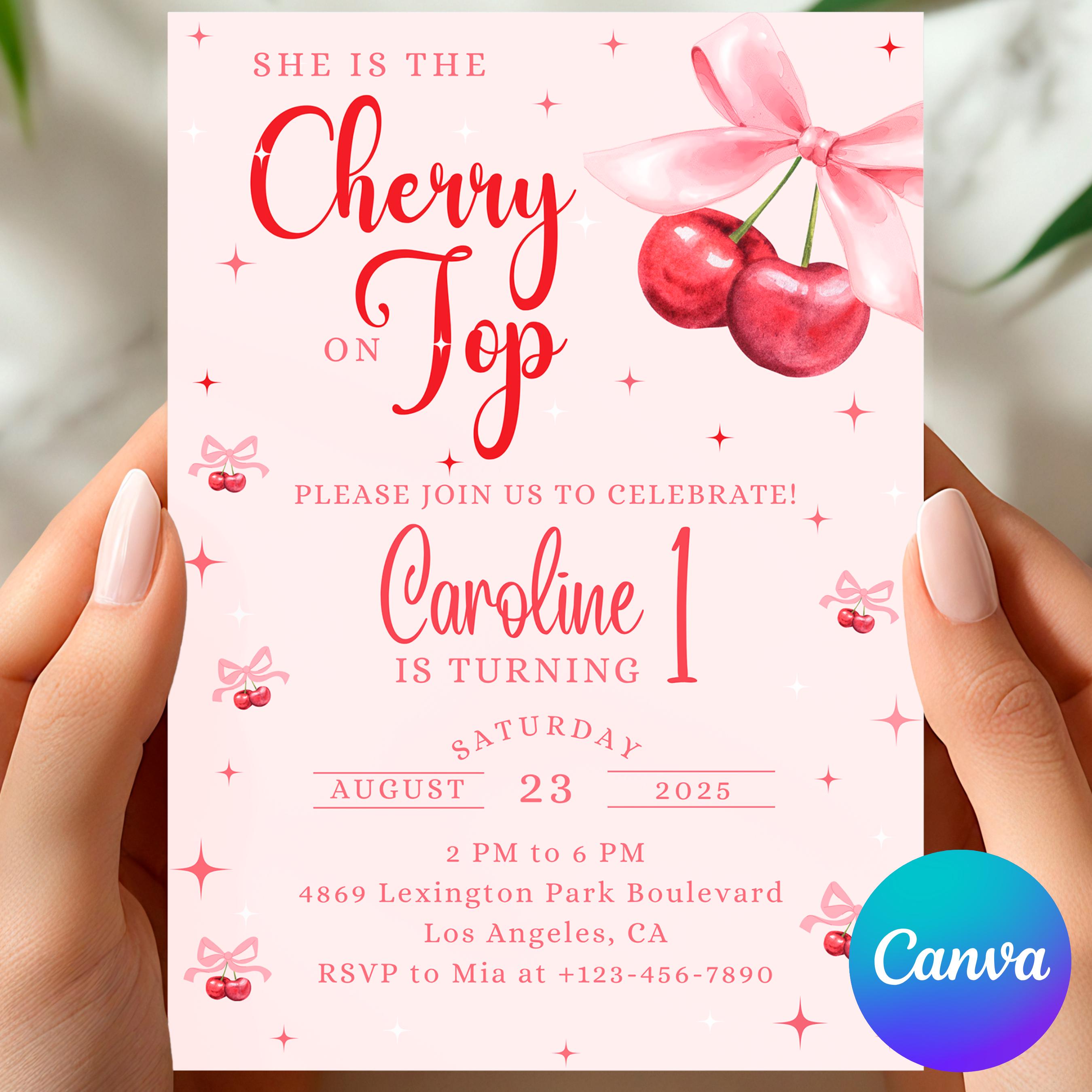 Cherry Birthday Party Invitation, Sweet Bow Design, Printable Canva Editable Template, Digital Download