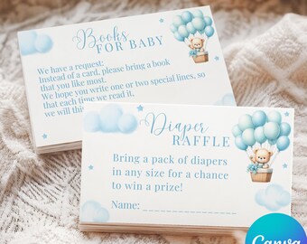 Teddy Bear Baby Shower Book Request & Diaper Raffle Tickets, Canva Editable Printable Digital Download