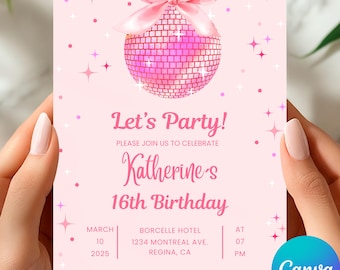 Coquette Disco Ball Birthday Invitation, Canva Editable Printable Digital Download
