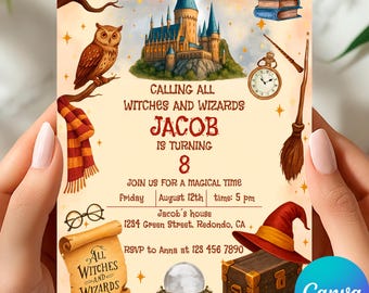 Invitación de cumpleaños de mago mágico: Fiesta de brujas y magos, Canva, editable, imprimible, descarga digital