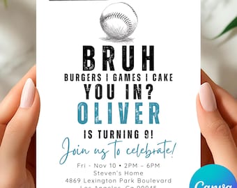 Invitación de cumpleaños de béisbol, temática "Bruh", descarga digital editable e imprimible en Canva.