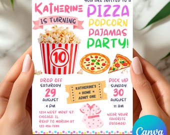 Pizza & Pajamas Birthday Invitation Template: Movie Night Sleepover, Canva Editable Digital Download