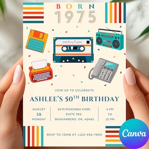 50th Birthday Invitation Template, Retro 80s Party, Born in 1975, Editable Digital Download.
