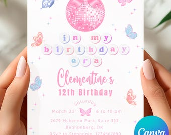 Tijdperk verjaardagsuitnodiging, Coquette Bow Disco Party Invite, Canva bewerkbare afdrukbare digitale download