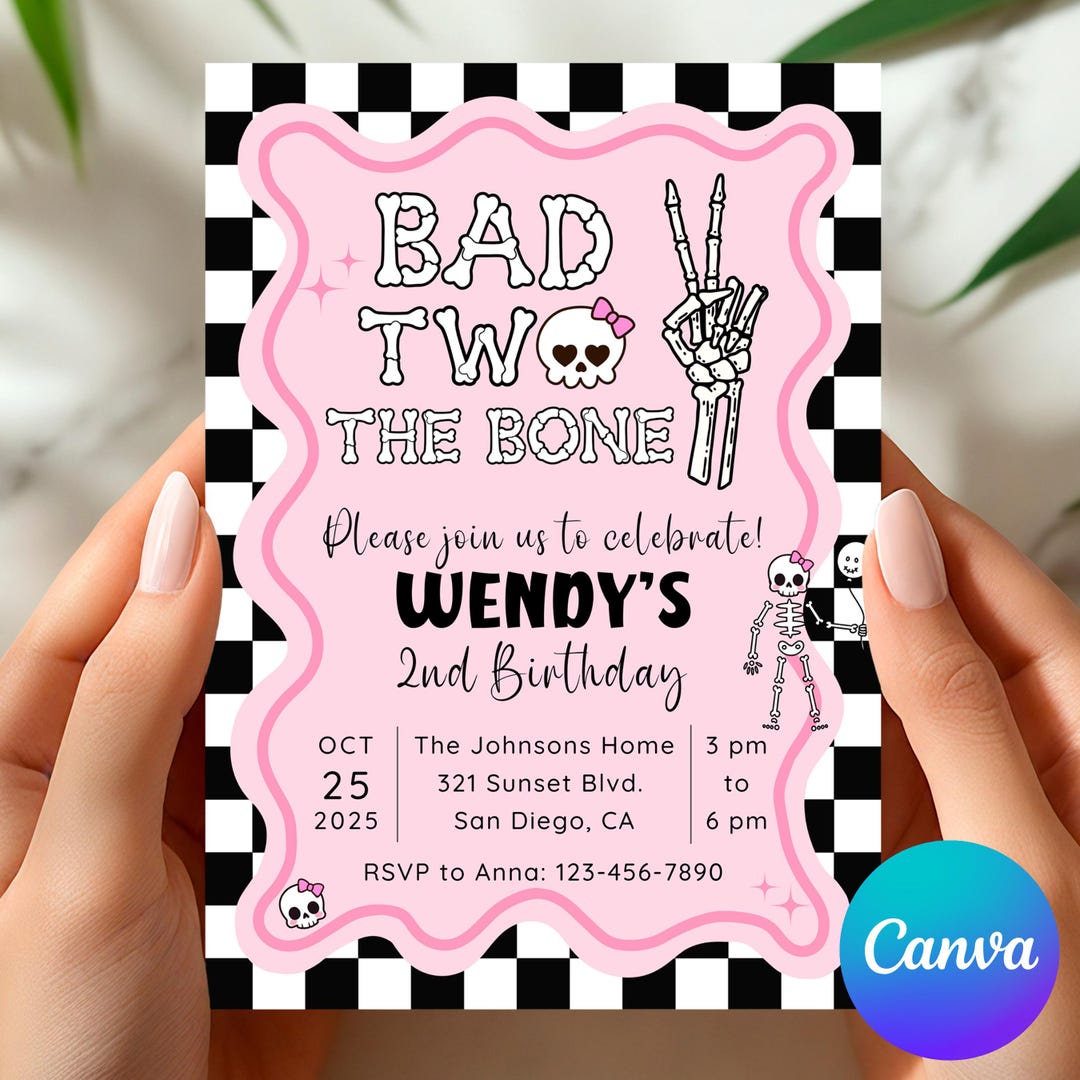 Rocker Bad Pink Checkered Rocker Bad Two the Bone Birthday Invitation, Canva ...
