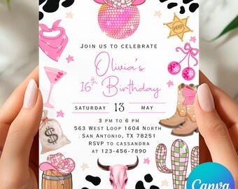 Invito di compleanno a tema cowgirl rosa in discoteca, invito per festa a tema rodeo, festa western rosa, per qualsiasi età, modificabile su Canva, download immediato.